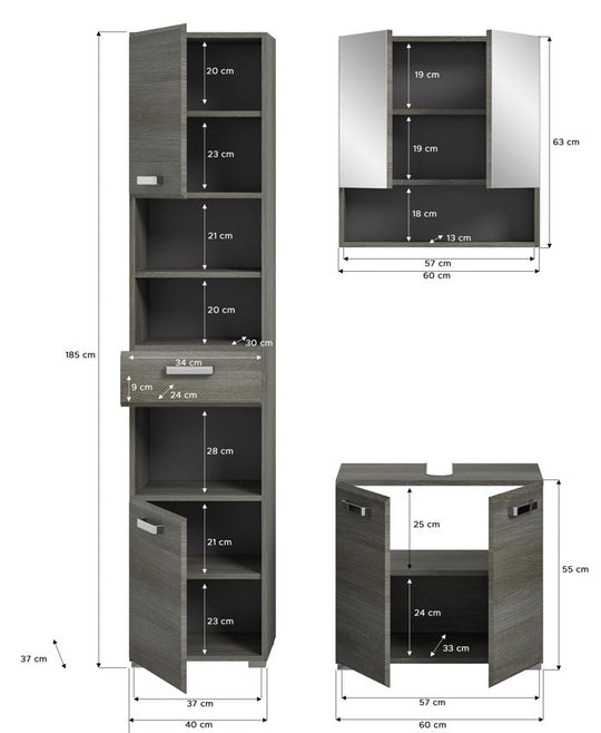 TK72 Badkombination (B/H/T: 115x185x37 cm) in Rauchsilber Nachbildung