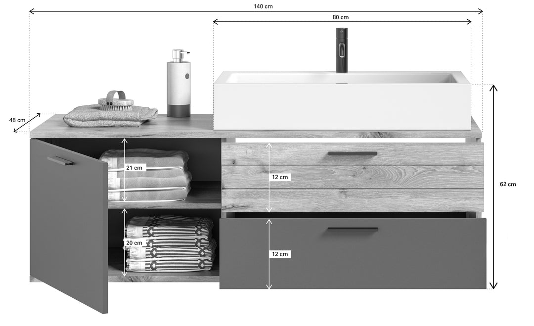 TK8 Badkombination (B/H/T: 140x152x48 cm) in Nox Oak Nachbildung und Basalt grau Nachbildung