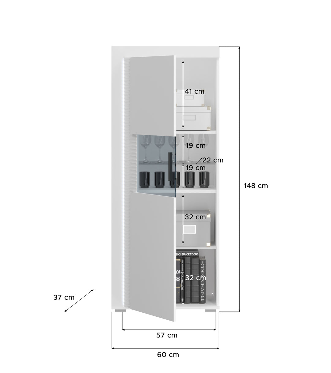 TK73 Vitrine halbhoch (B/H/T: 60x148x37 cm) in weiß und weißer Hochglanzfront mit vertikaler Frontbeleuchtung