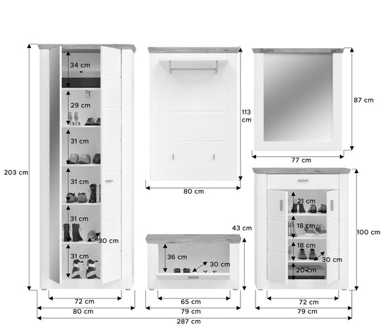 TK54 Garderobenkombi (B/H/T: 287x204x37 cm) in weiß Nachbildung und weiß matt tiefzieh