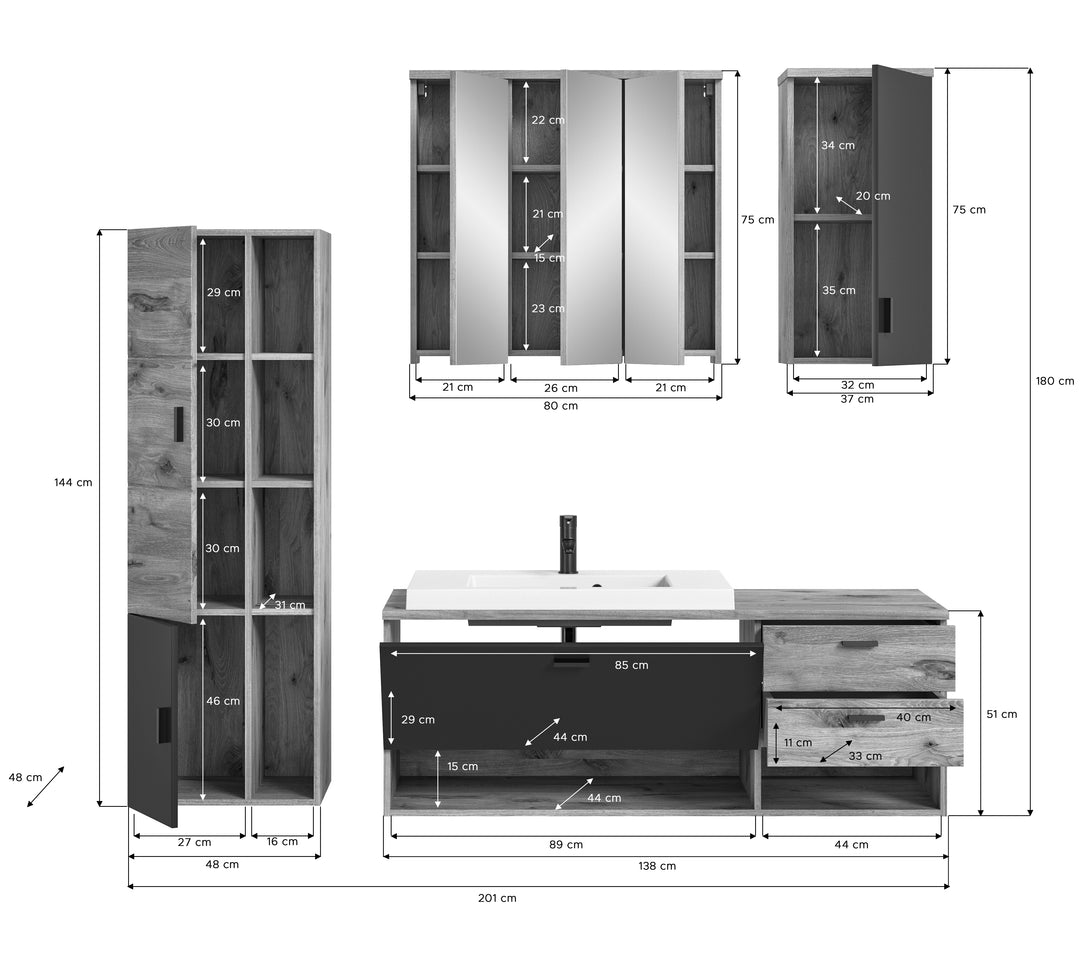 TK42 Badkombinstion (B/H/T: 203x192x48 cm) in Nox Oak Nachbildung und Nox Oak tiefzieh