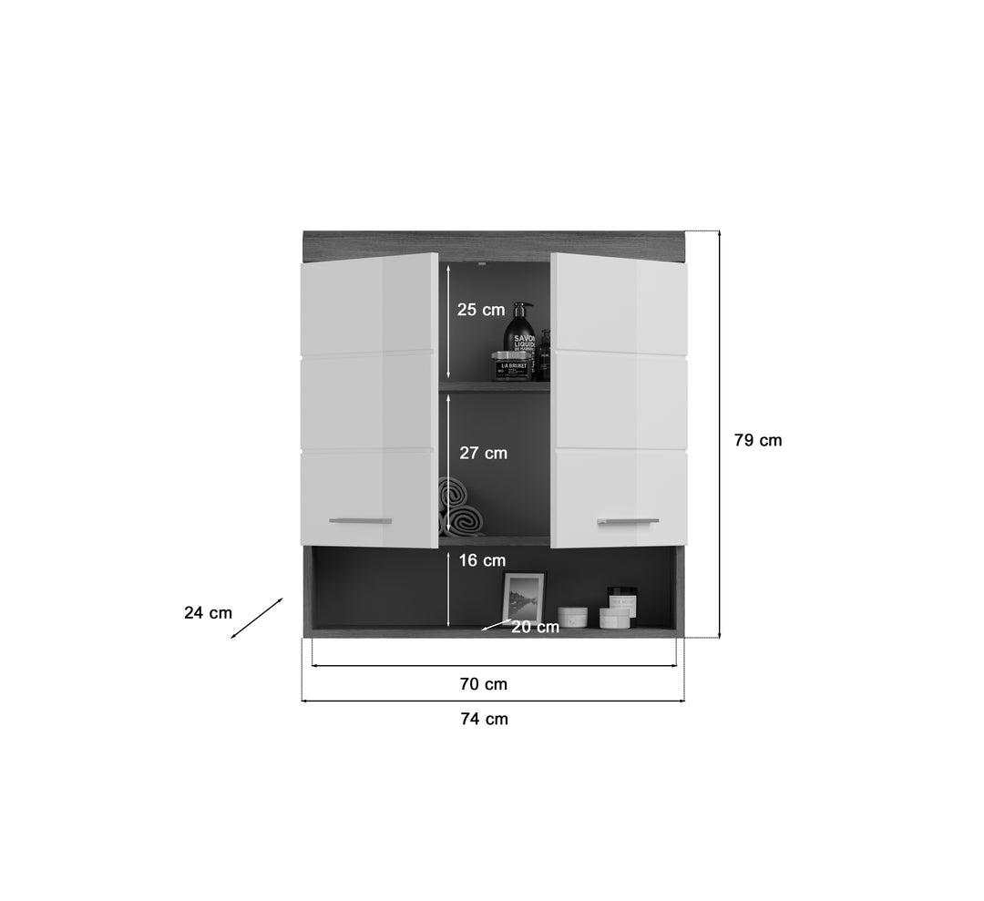 TK15 Hängeschrank (B/H/T: 74x79x24 cm) in Rauchsilber Nachbildung und weiß Hochglanz tiefzieh