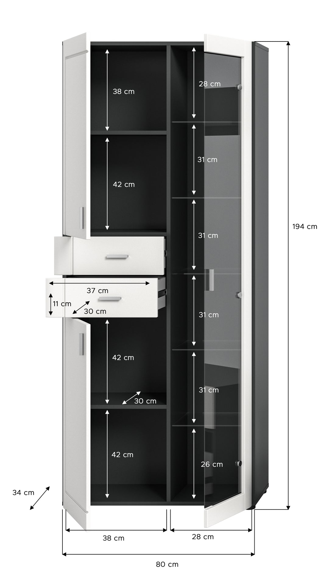 TK46 Stauraumvitrine (B/H/T: 80x194x34 cm) in grau Nachbildung und weiß matt tiefzieh