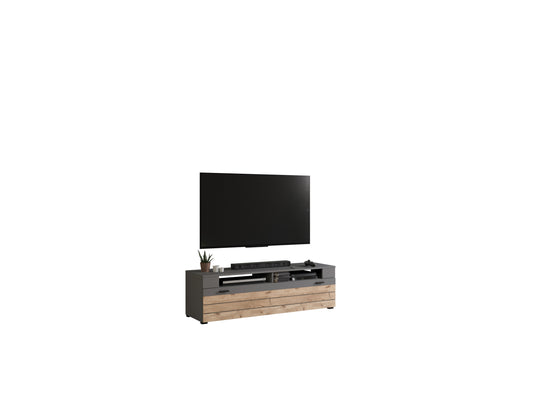 TV Element I Modell TK4 I Design: Korpus und Fronten in matt grau und hochwertiger Rahmenapplikation in Nox Oak