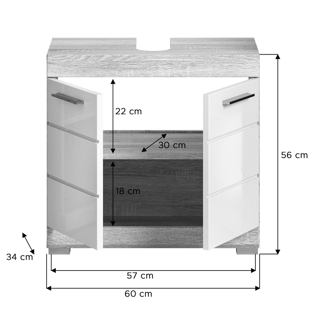 TK47 Waschbeckenunterschrank (B/H/T: 60x56x34 cm) in Sonoma Eiche hell und weiß Hochglanz tiefzieh