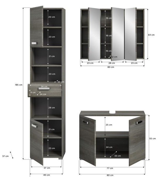 TK72 Badkombination (B/H/T: 135x185x37 cm) in Rauchsilber Nachbildung