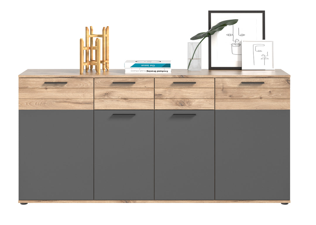 Kommode I Modell TK8 I Design: Moderne Farbkombination Korpus Nox Oak / Front Balsat grau mit abgesetzer Rillen Optik in Nox Oak