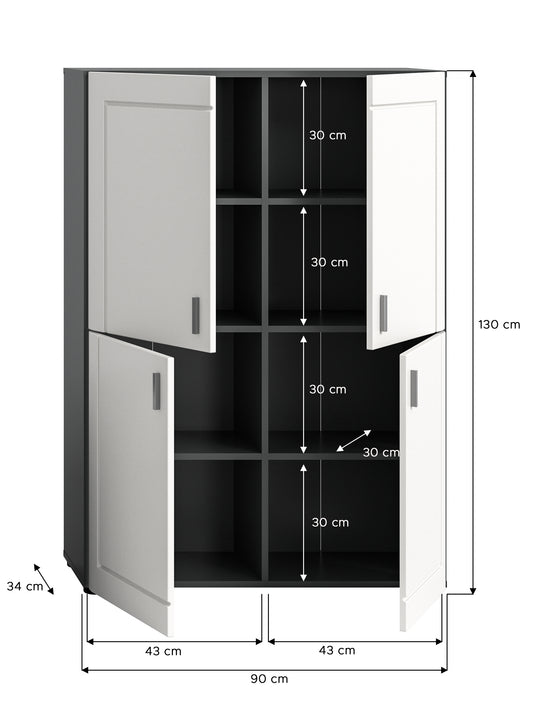 TK46 Stauraumtype (B/H/T: 90x130x34 cm) in grau Nachbildung und weiß matt tiefzieh