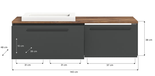 TK65 Waschtisch inkl. Waschbecken (B/H/T: 140x43x48 cm) in grau Nachbildung und grau Nachbildung