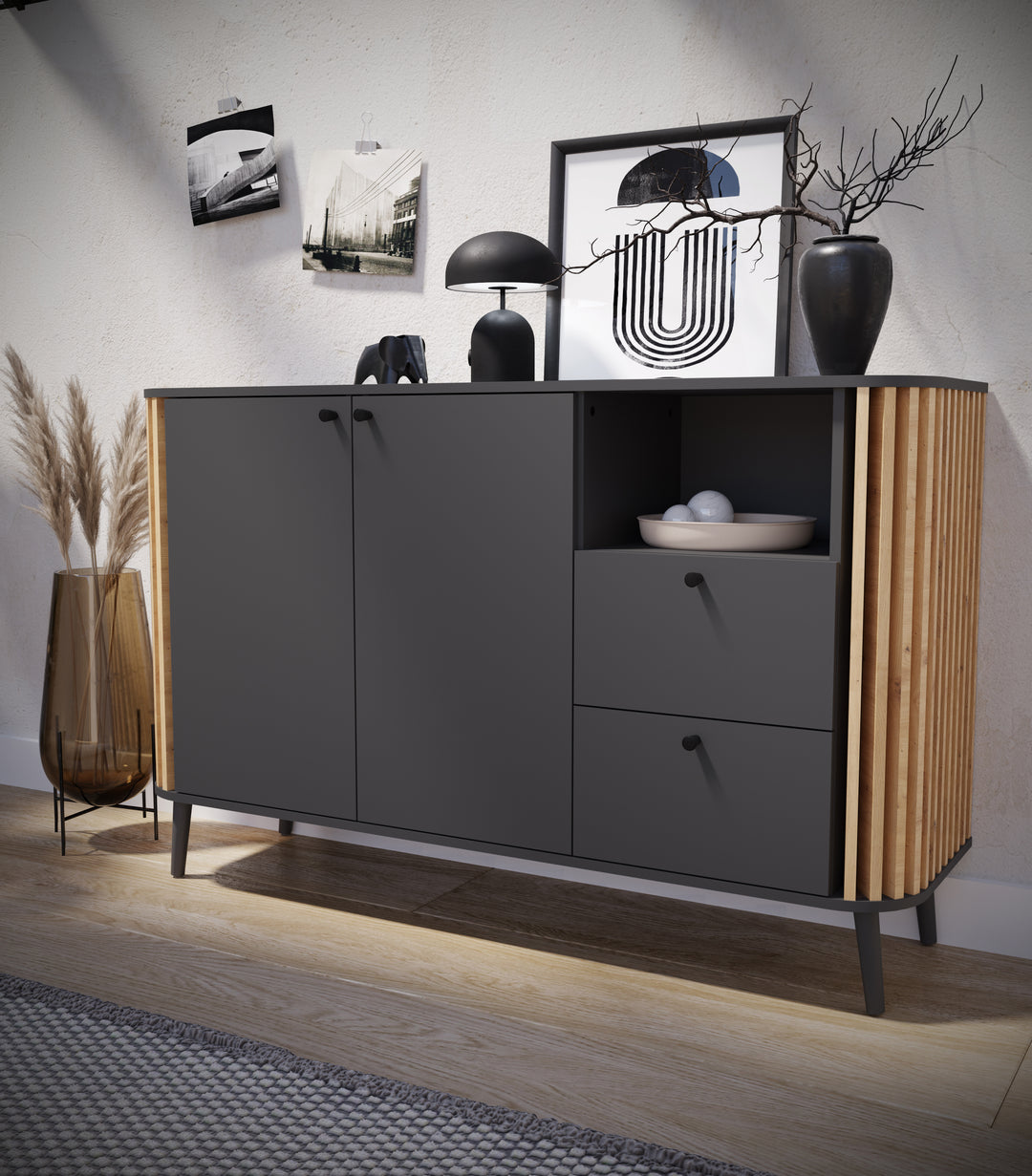 TK63 Sideboard (B/H/T: 138x87,5x40 cm) in grau Nachbildung und Artisan Eiche