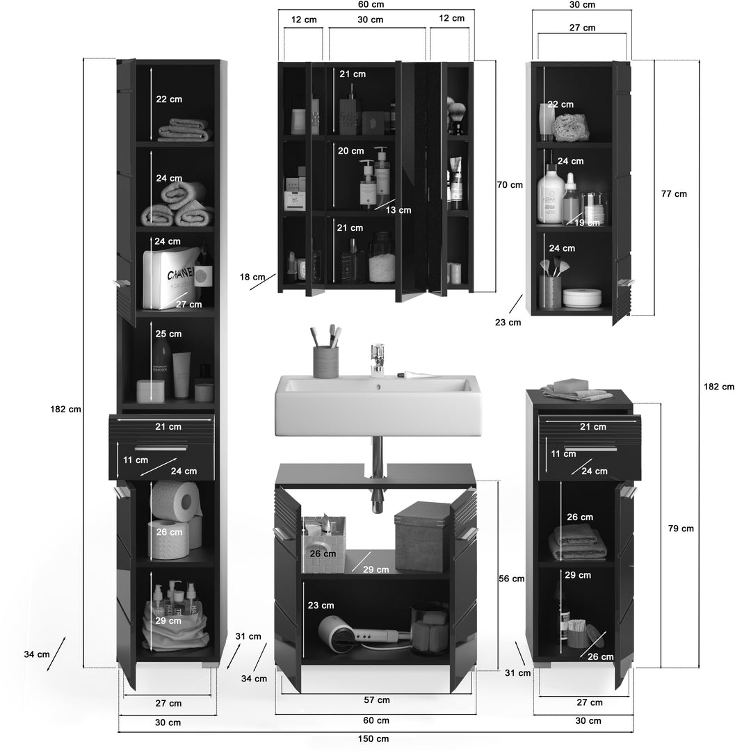 TK7 Badkombination inkl. Beleuchtung (B/H/T: 150x182x34 cm) in schwarz Nachbildung und schwarz Hochglanz tiefzieh
