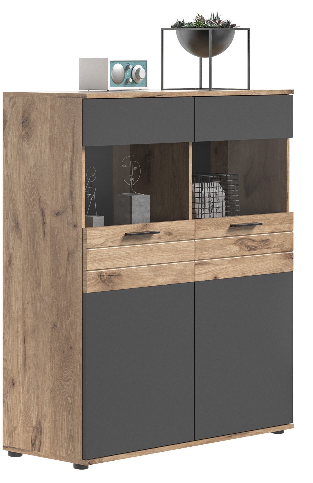 Vitrine I Modell TK8 I Design: Moderne Farbkombination Korpus Nox Oak / Front Balsat grau mit abgesetzer Rillen Optik in Nox Oak