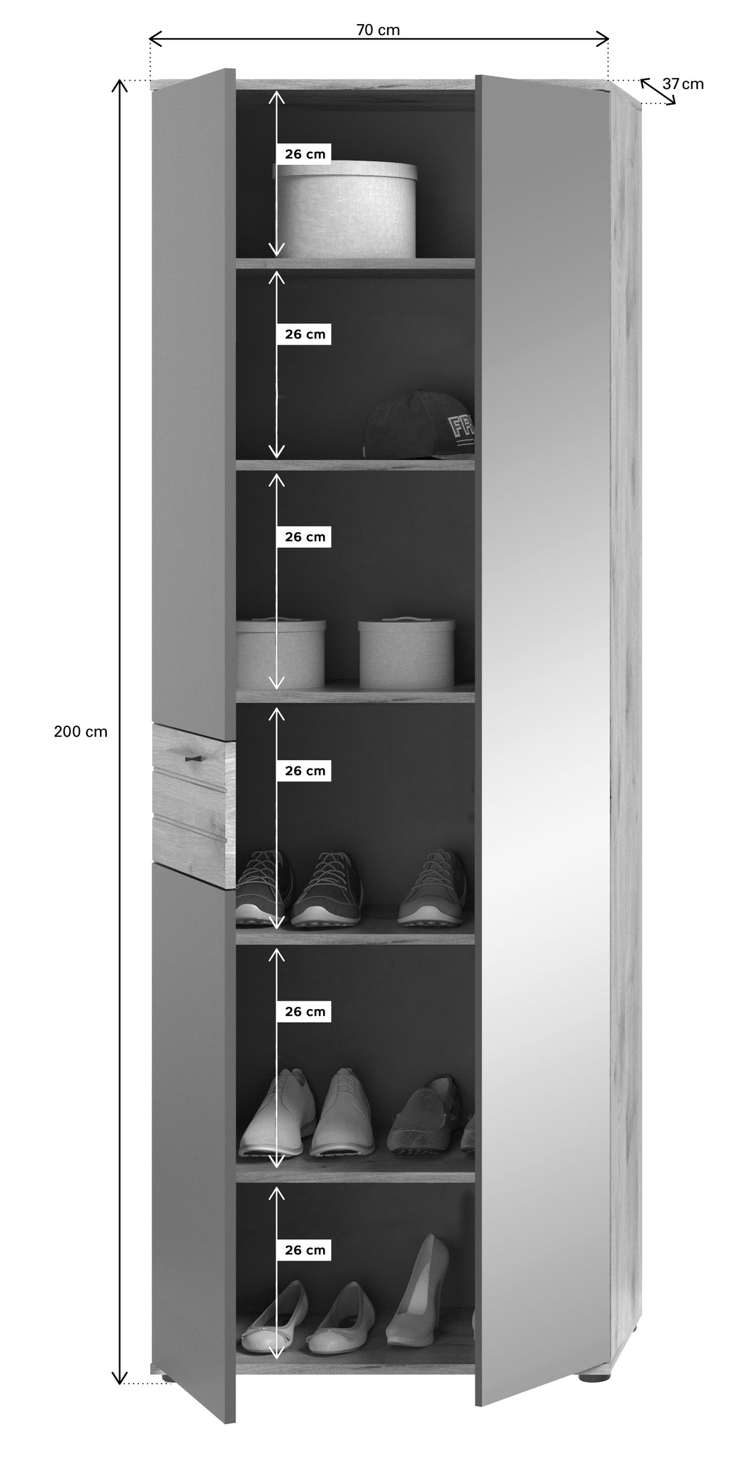 TK8 Garderobenschrank (B/H/T: 70x200x37 cm) in Nox Oak Nachbildung und Basalt grau Nachbildung