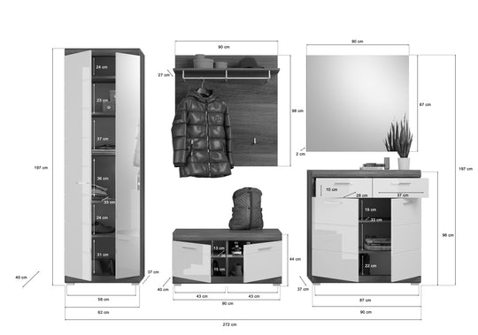 TK15 Garderobenkombination (B/H/T: 272x197x40 cm) in Rauchsilber Nachbildung und weiß Hochglanz tiefzieh