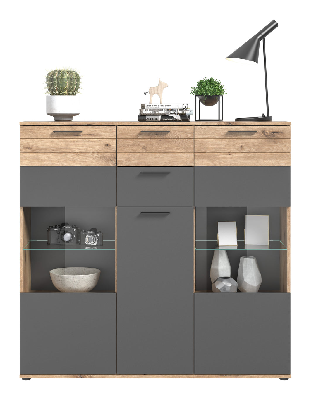 Highboard I Modell TK8 I Design: Moderne Farbkombination Korpus Nox Oak / Front Balsat grau mit abgesetzer Rillen Optik in Nox Oak