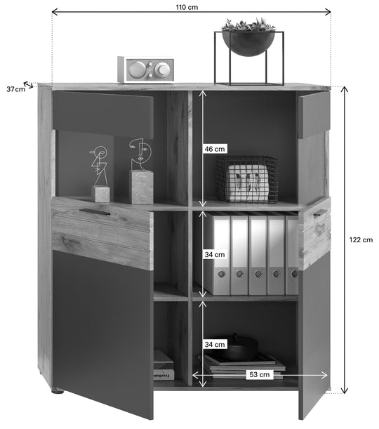 Vitrine I Modell TK8 I Design: Moderne Farbkombination Korpus Nox Oak / Front Balsat grau mit abgesetzer Rillen Optik in Nox Oak