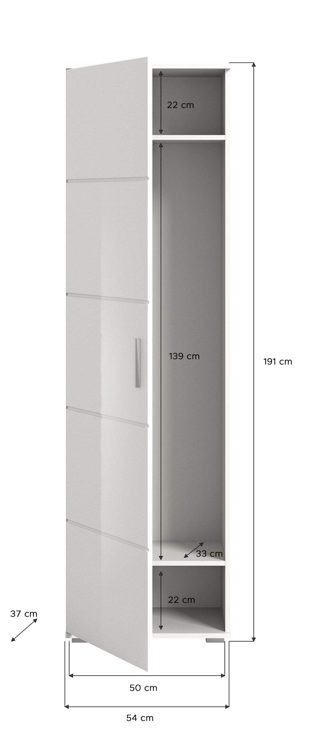 TK61 Garderobenschrank (B/H/T: 55x191x37 cm) in weiß Nachbildung und weiß Hochglanz