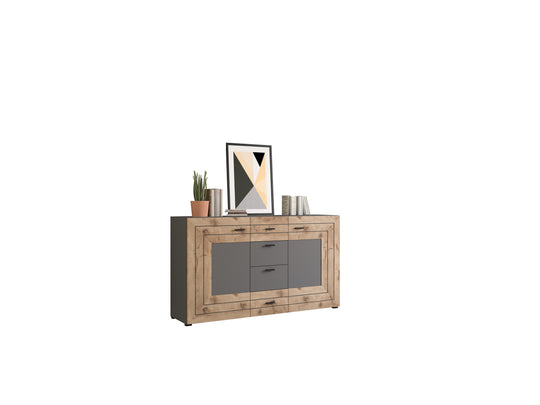 Sideboard I Modell TK4 I Design: Korpus und Fronten in matt grau und hochwertiger Rahmenapplikation in Nox Oak