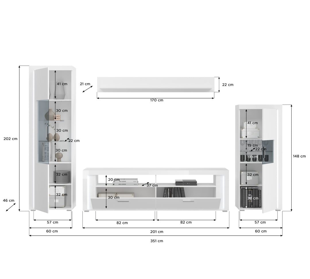 TK73 Wohnkombination (B/H/T: 351x202x46 cm) in weiß und weißer Hochglanzfront mit vertikaler Frontbeleuchtung
