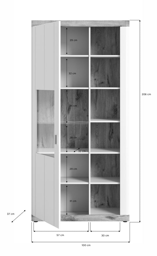 TK49 Stauraumvitrine (B/H/T: 100x204x37,5 cm) in weiß Nachbildung und weiß matt tiefzieh