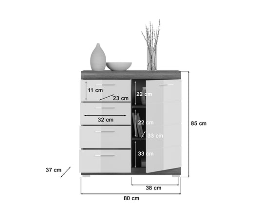 TK15 Kommode (B/H/T: 80x85x37 cm) in Rauchsilber Nachbildung und weiß Hochglanz tiefzieh