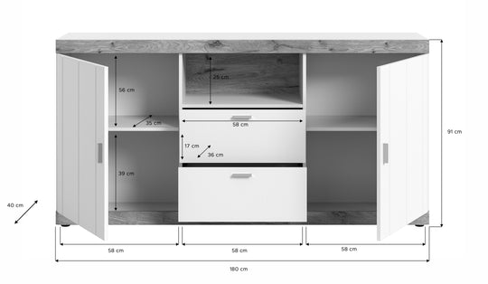 TK49 Sideboard (B/H/T: 180x89x40 cm) in weiß Nachbildung und weiß matt tiefzieh