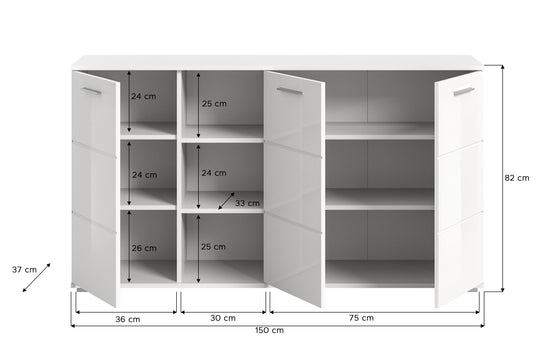 TK61 Kommode (B/H/T: 150x83x37 cm) in weiß Nachbildung und weiß Hochglanz