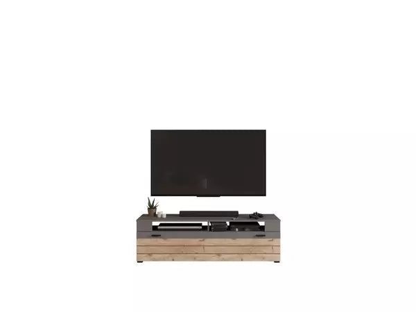 TV Element I Modell TK4 I Design: Korpus und Fronten in matt grau und hochwertiger Rahmenapplikation in Nox Oak