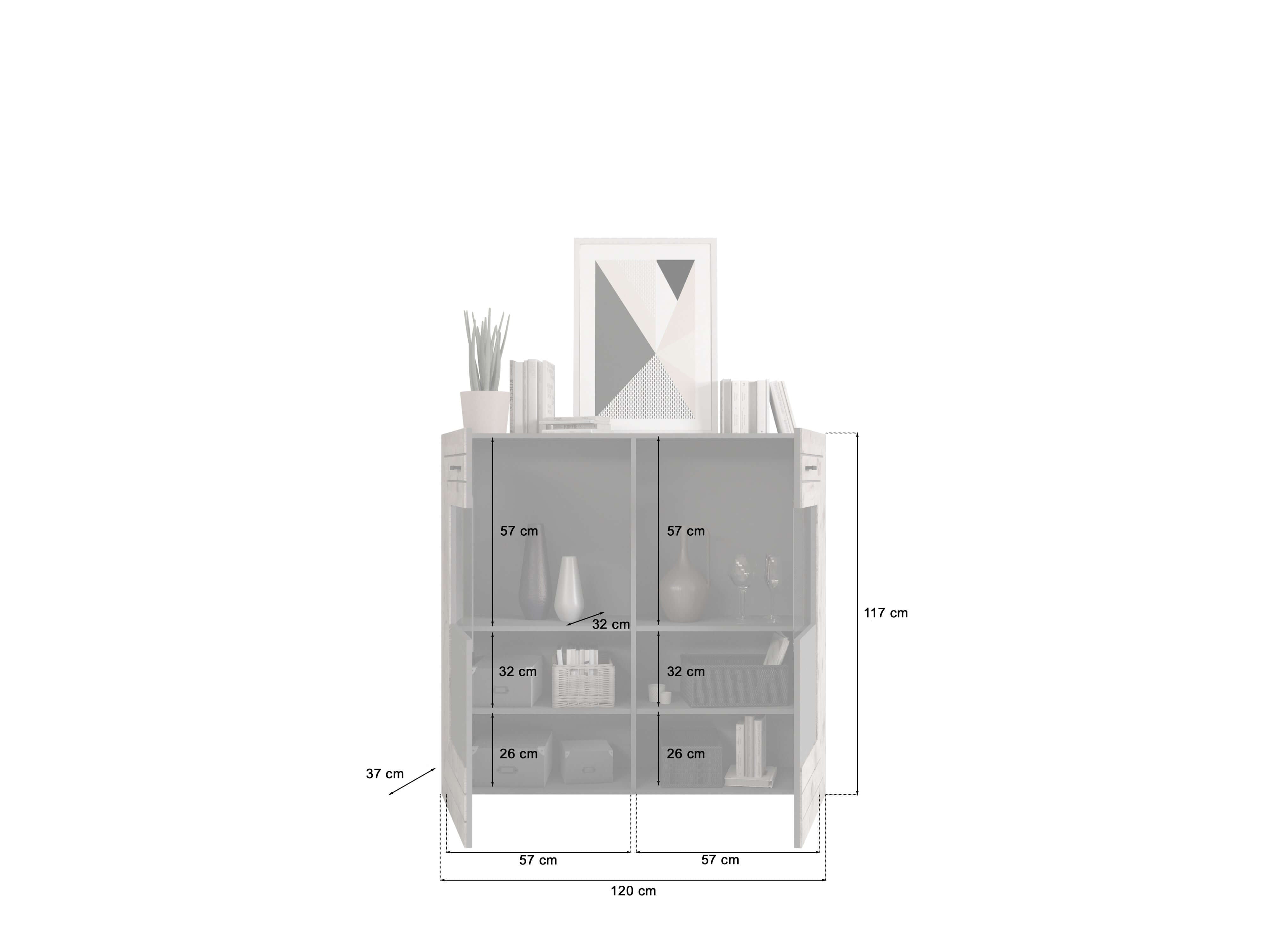 Highboard I Modell TK4 I Design: Korpus und Fronten in matt grau und hochwertiger Rahmenapplikation in Nox Oak
